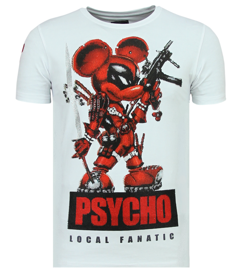Local Fanatic Rhinestones Psycho Mouse  - Tryckt T-shirt Herr - 6321W - Vit