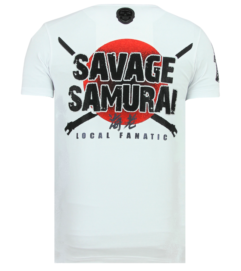 Local Fanatic Savage Samurai Rhinestones - Roliga Tröjor För Män - 6327W - Vit