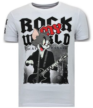 Local Fanatic Cool T-shirt Män - Rock My World Cat - 11-6366W - Vit