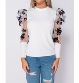 PARISIAN Floral Flock Print puffärmar High Neck Toppar - Ladies - Vit