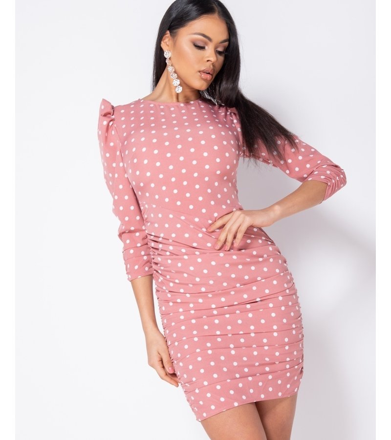 PARISIAN Polka Dot Puff Sleeve Ruching Detalj Bodycon Dress - Pink