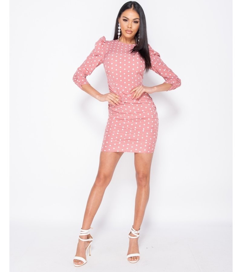 PARISIAN Polka Dot Puff Sleeve Ruching Detalj Bodycon Dress - Pink