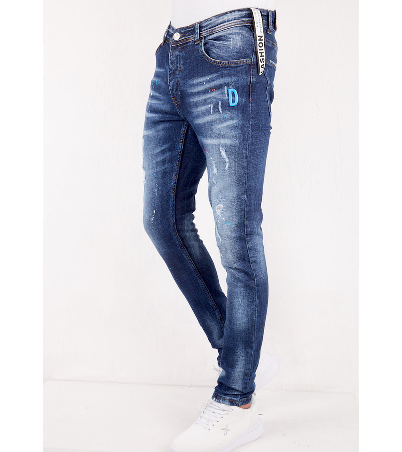 True Rise Slim Fit Slitna Jeans Med Färgstänk - DC-011- Bla