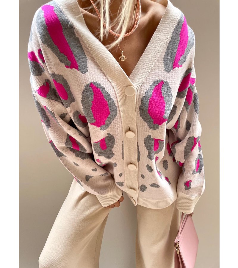 QU-Style Leopar Oversized Women's Cardigan - 13333 - Beige