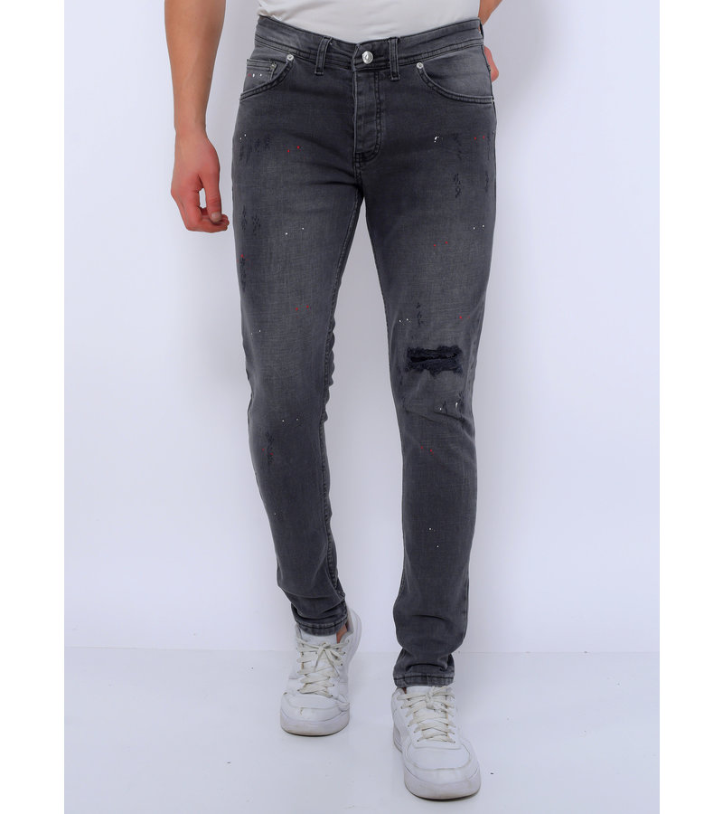 True Rise Slim Fit Slitna Jeans Med Färgstänk - DC-054 - Gra