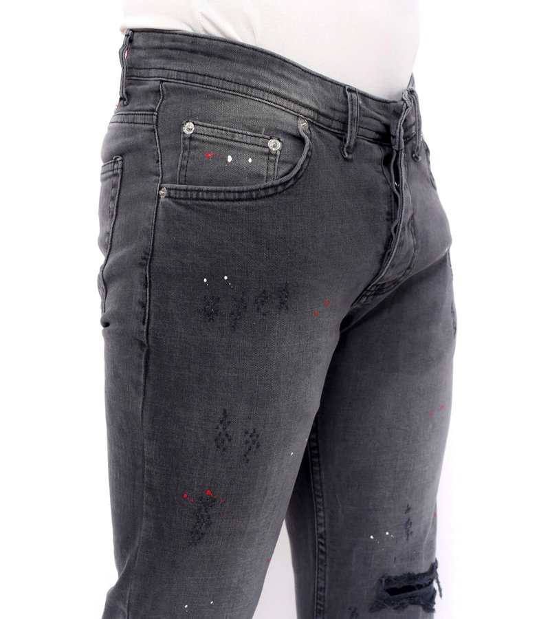 True Rise Slim Fit Slitna Jeans Med Färgstänk - DC-054 - Gra