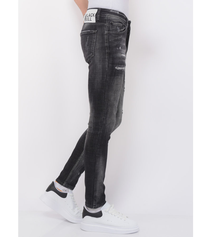 Local Fanatic Stonewashed Ripped Män Jeans Slim Fit -1085 -Svart