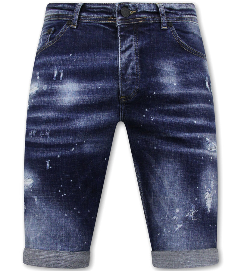 Local Fanatic Män Paint Splatter Stonewashed Short - Slim Fit -1077- Blå