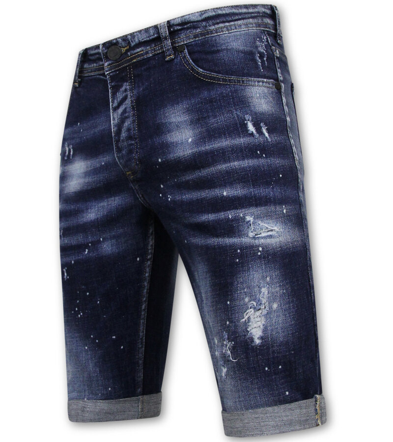 Local Fanatic Män Paint Splatter Stonewashed Short - Slim Fit -1077- Blå