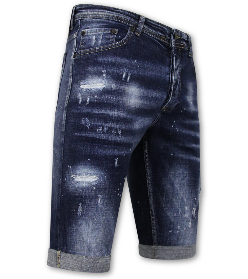 Local Fanatic Män Paint Splatter Stonewashed Short - Slim Fit -1077- Blå