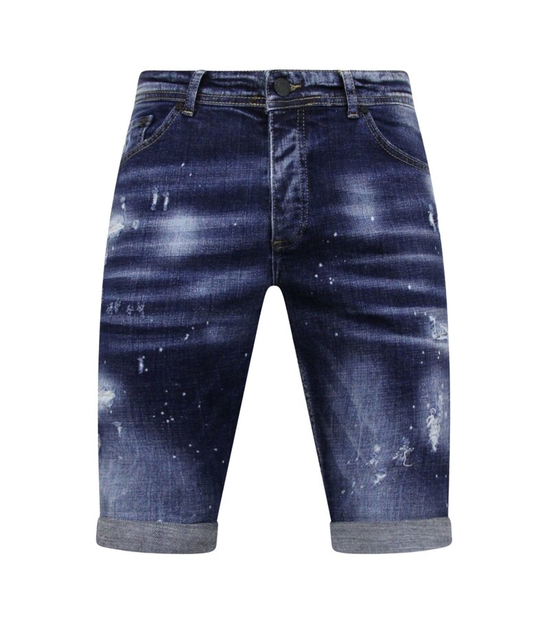 Local Fanatic Män Paint Splatter Stonewashed Short - Slim Fit -1077- Blå