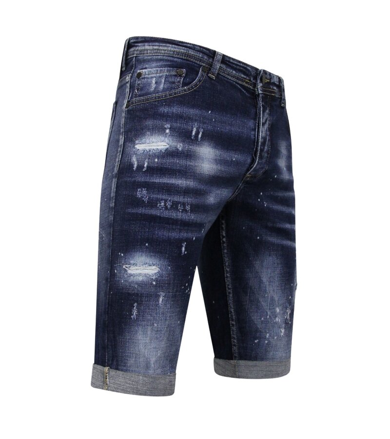 Local Fanatic Män Paint Splatter Stonewashed Short - Slim Fit -1077- Blå