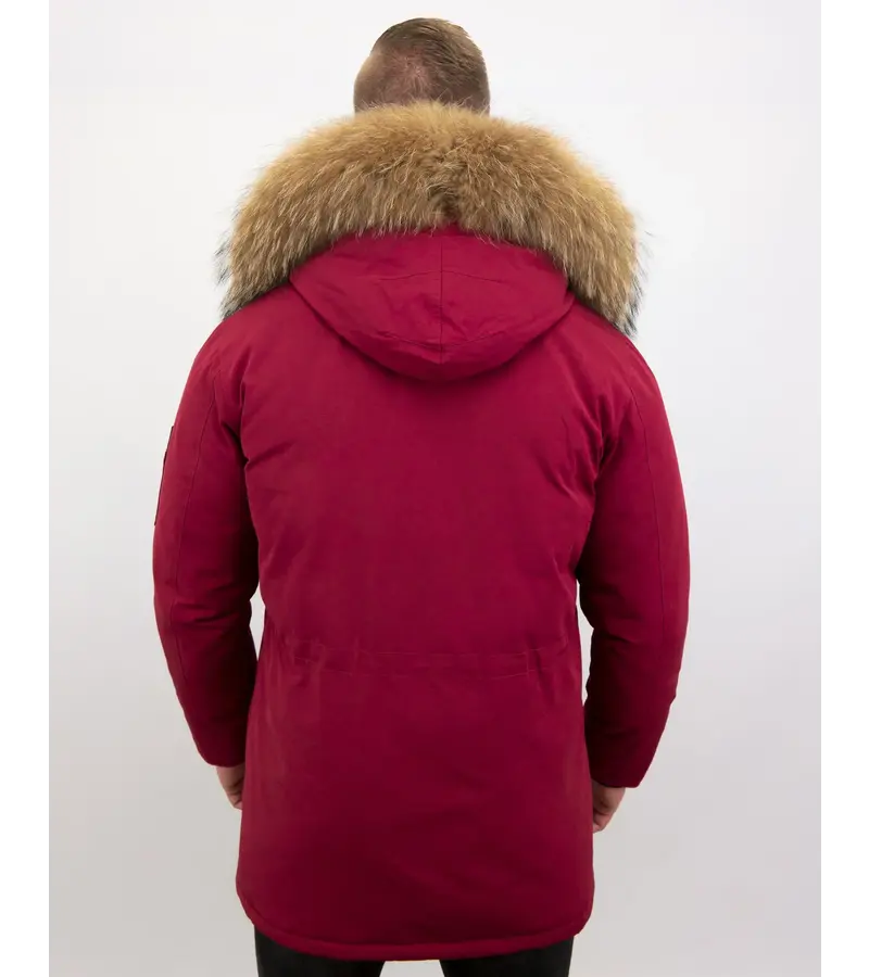 Enos Män Parka Vinterjacka - Large Real Fur Collar - Röd