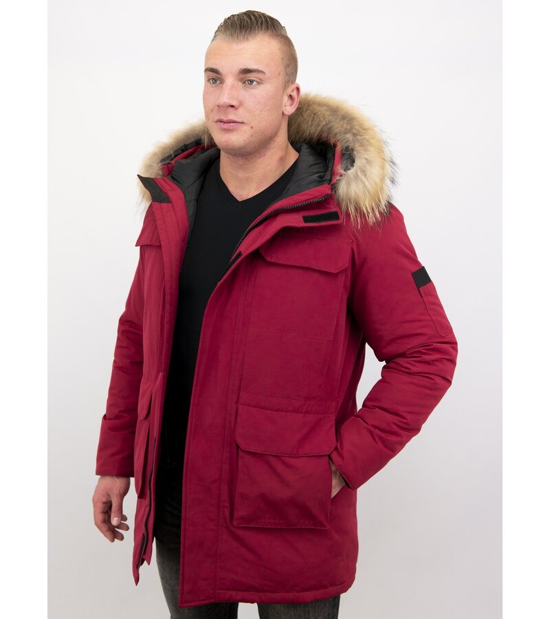 Enos Män Parka Vinterjacka - Large Real Fur Collar - Röd