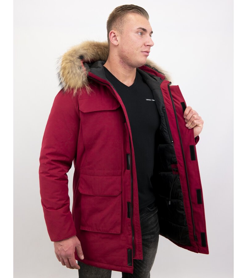 Enos Män Parka Vinterjacka - Large Real Fur Collar - Röd