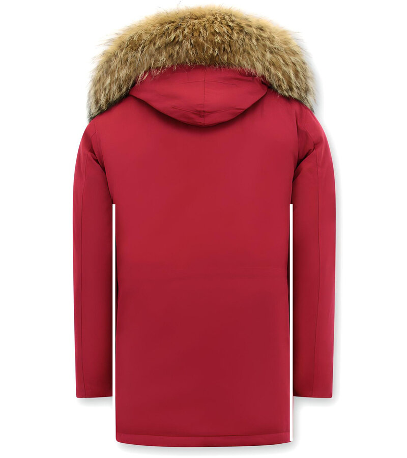Enos Män Parka Vinterjacka - Large Real Fur Collar - Röd