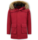 Enos Män Parka Vinterjacka - Large Real Fur Collar - Röd Enos Män Parka Vinterjacka - Large Real Fur Collar - Röd