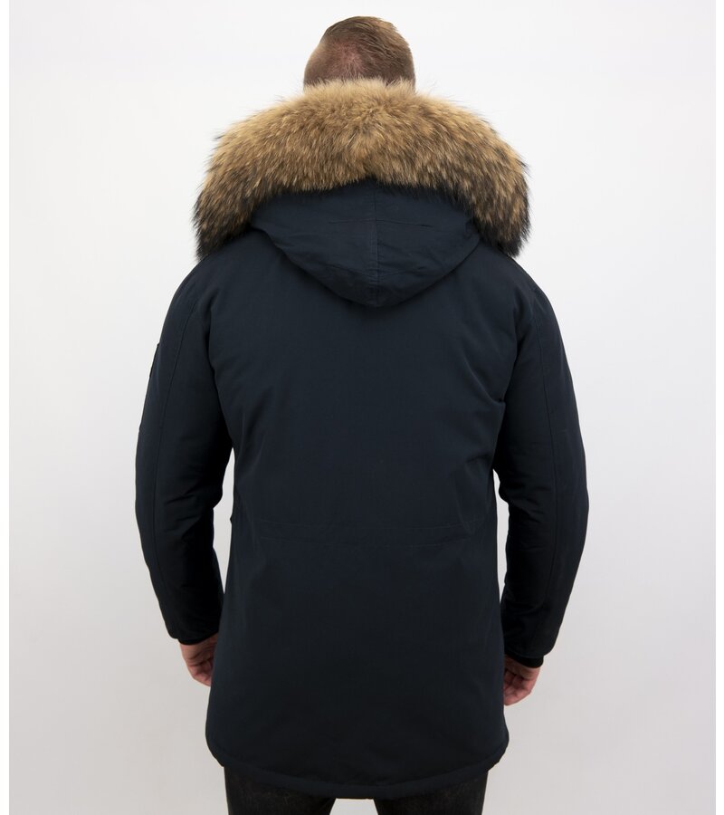 Enos Män Parka Vinterjacka - Large Real Fur Collar - Blå