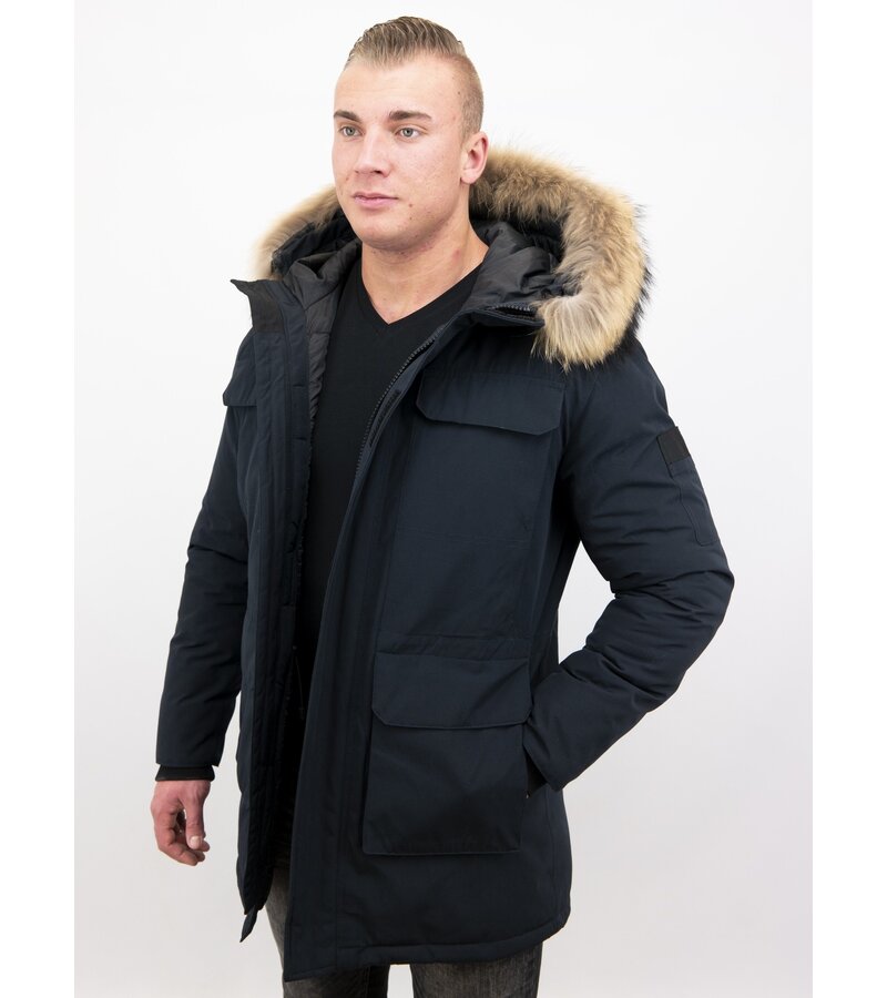 Enos Män Parka Vinterjacka - Large Real Fur Collar - Blå