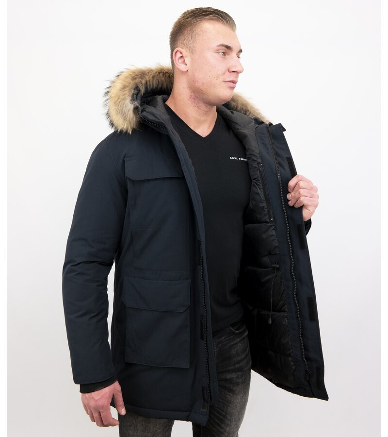 Enos Män Parka Vinterjacka - Large Real Fur Collar - Blå