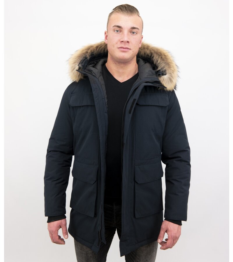 Enos Män Parka Vinterjacka - Large Real Fur Collar - Blå