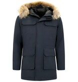 Enos Män Parka Vinterjacka - Large Real Fur Collar - Blå Enos Män Parka Vinterjacka - Large Real Fur Collar - Blå