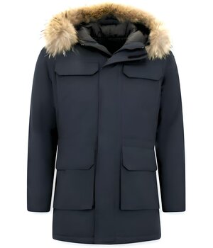 Enos Män Parka Vinterjacka - Large Real Fur Collar - Blå