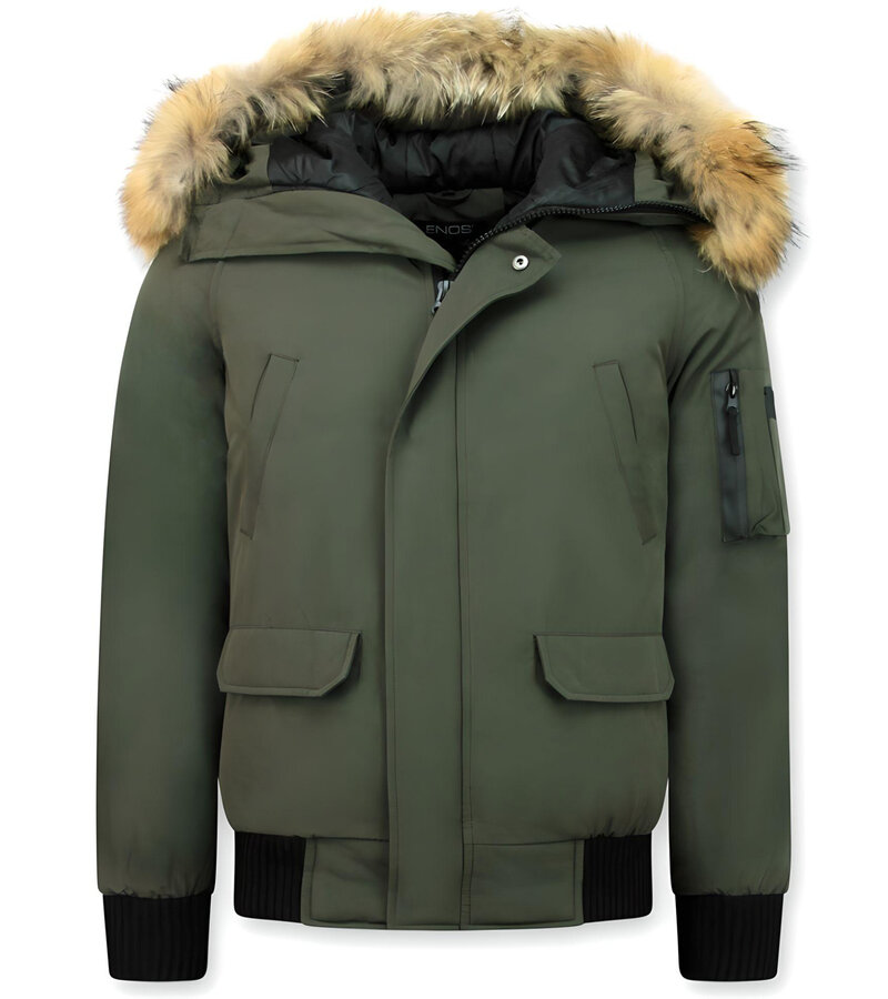 Enos Vinterjackor med äkta Pälsluva - Kort dunjacka herr - Grön