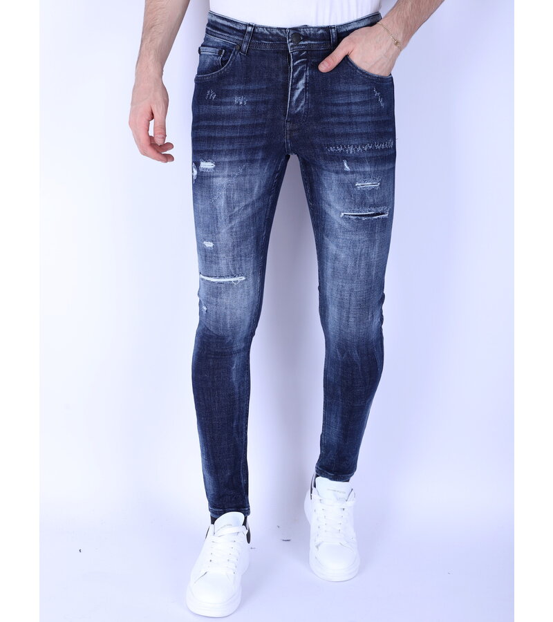 Local Fanatic Mörkblå Slim Fit Jeans för män med hål - 1101 - Blå