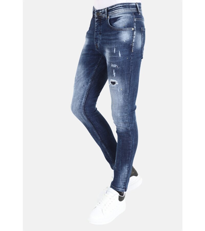 Mario Morato Paint Splatter Jeans Slim Fit med hål för män -MM116- Blå