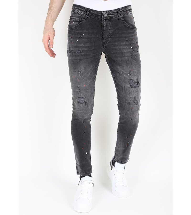 LF Rippade bikerjeans med färgstänk i smal passform för män -MM107- Svart