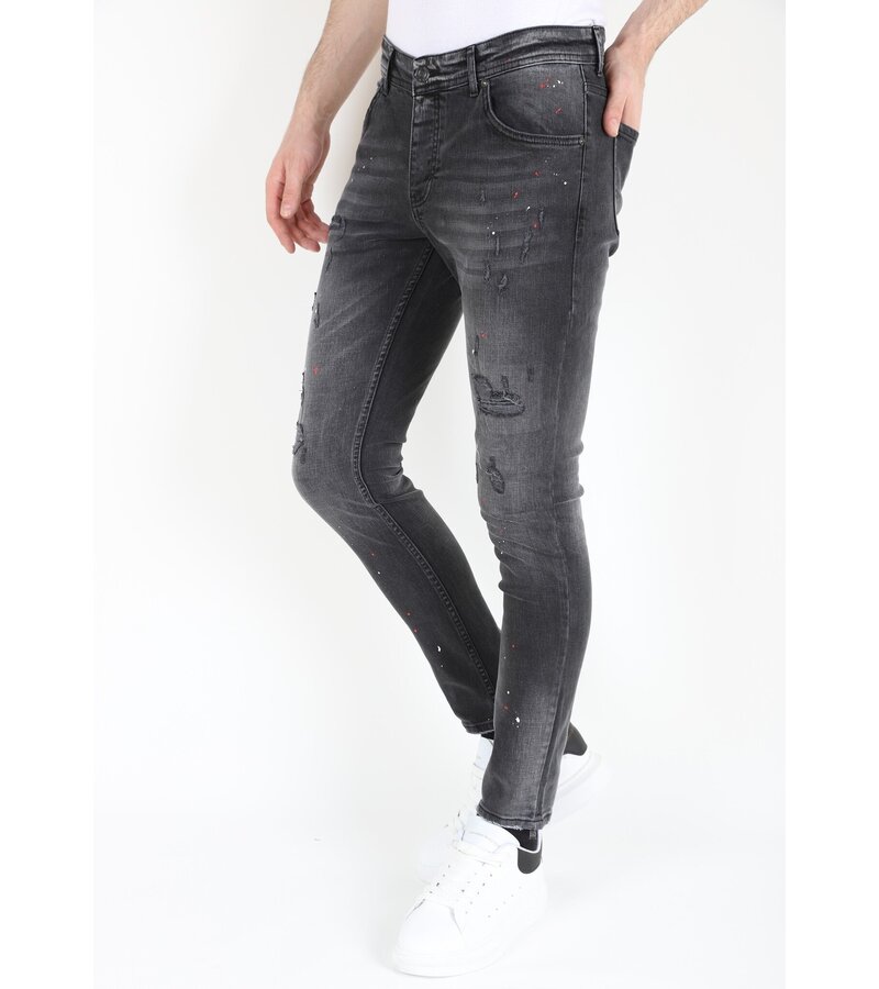 Mario Morato Rippade bikerjeans med färgstänk i smal passform för män -MM107- Svart
