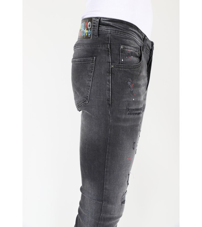 LF Rippade bikerjeans med färgstänk i smal passform för män -MM107- Svart