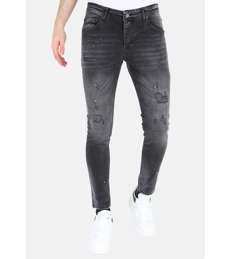 Mario Morato Rippade bikerjeans med färgstänk i smal passform för män -MM107- Svart