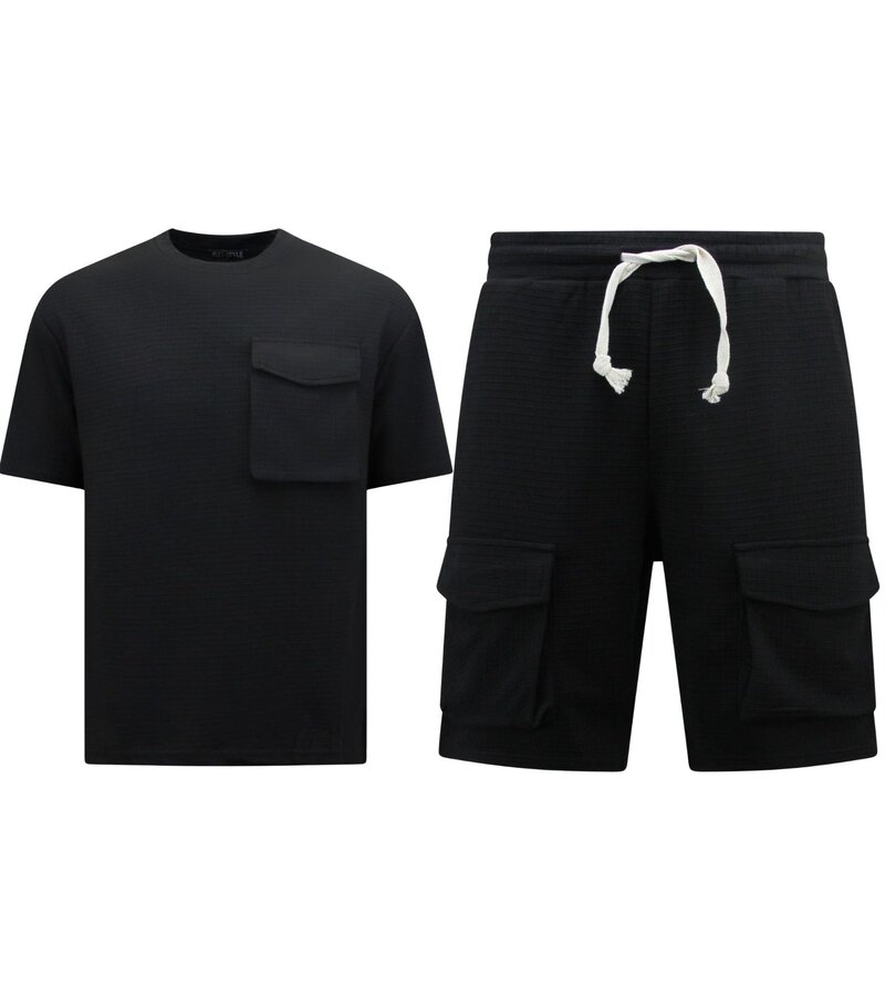 TopStar Ribbad överdimensionerad T-shirt - Joggingbyxor för män - SET - Svart
