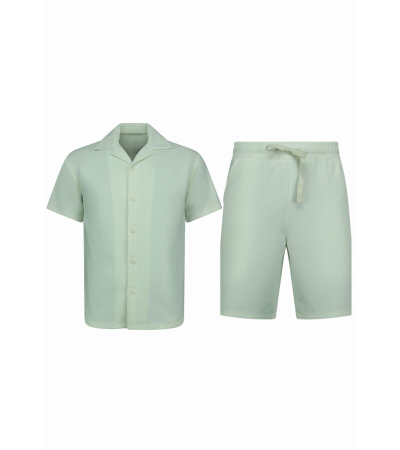 Enos Twinset - Ribbad överdimensionerad skjorta - Herr sommarset - Tvådelat - Set i set - 915 - Beige