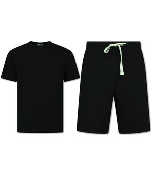 Enos Herr Sommarset - Ribbad Oversized - Tvådelat Set - Twinset - Kombinationsset - F-918 - Svart