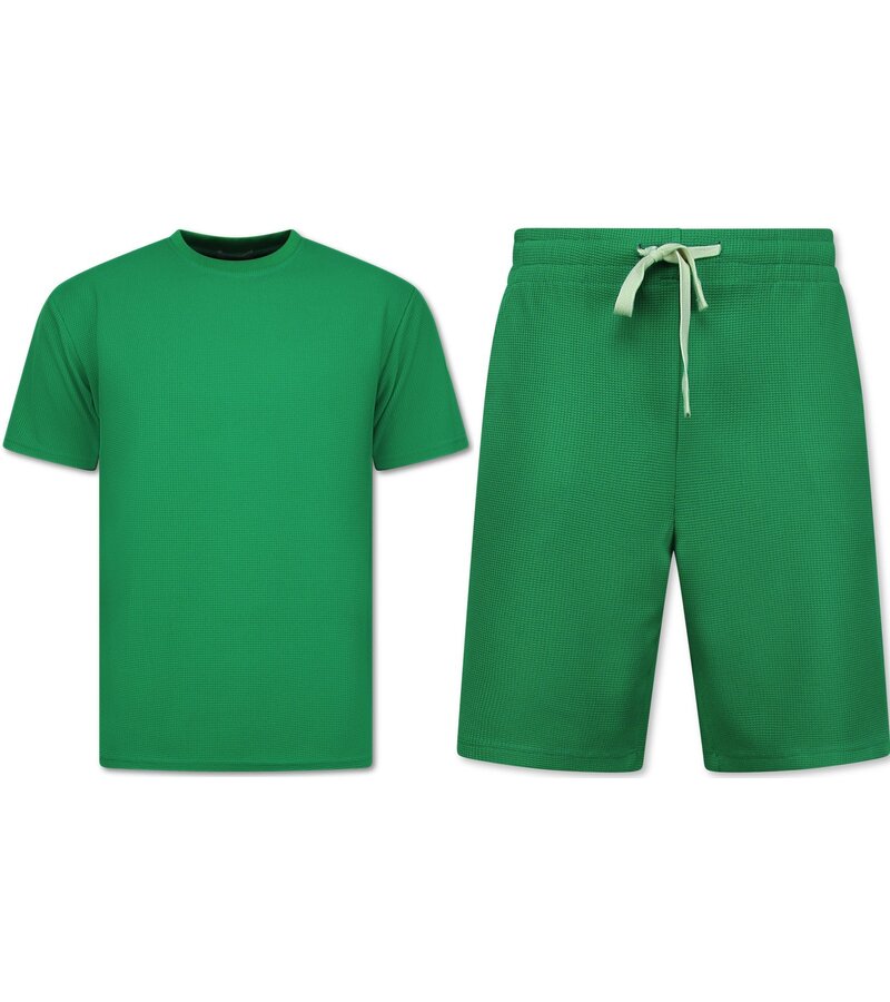 Enos Herr Sommarset - Ribbad Oversized - Tvådelat Set - Twinset - Kombinationsset - F-918 - Grön