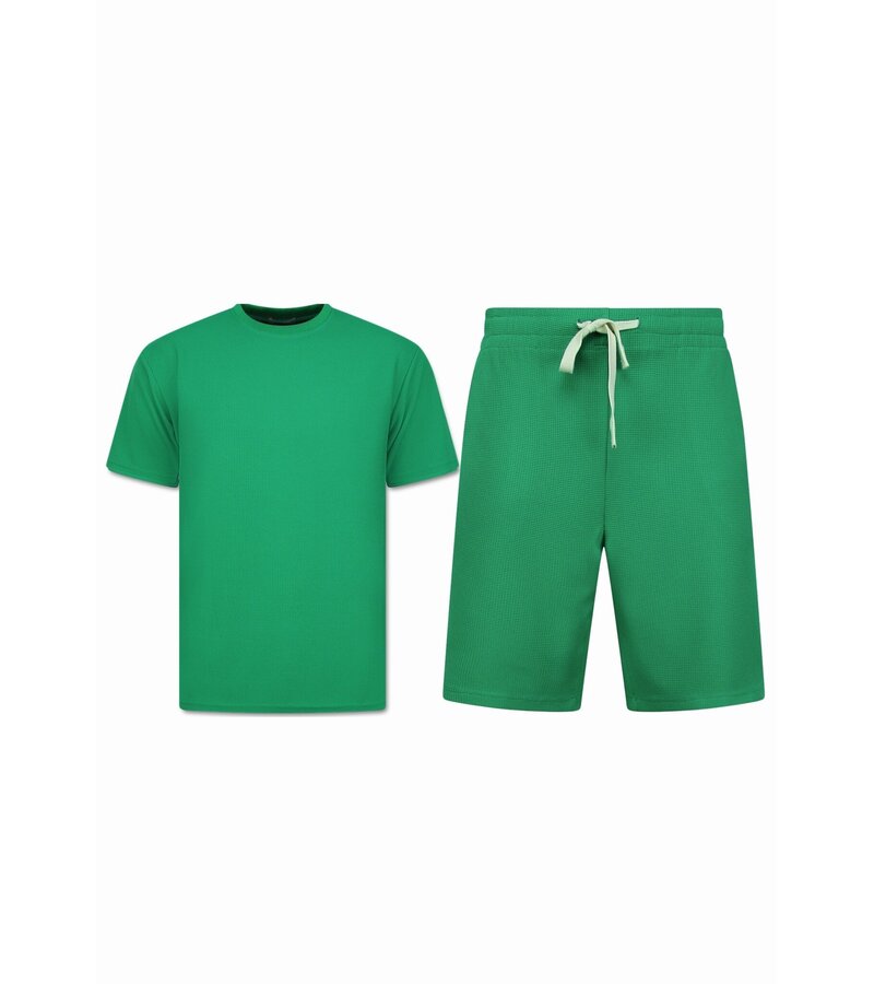 Enos Herr Sommarset - Ribbad Oversized - Tvådelat Set - Twinset - Kombinationsset - F-918 - Grön