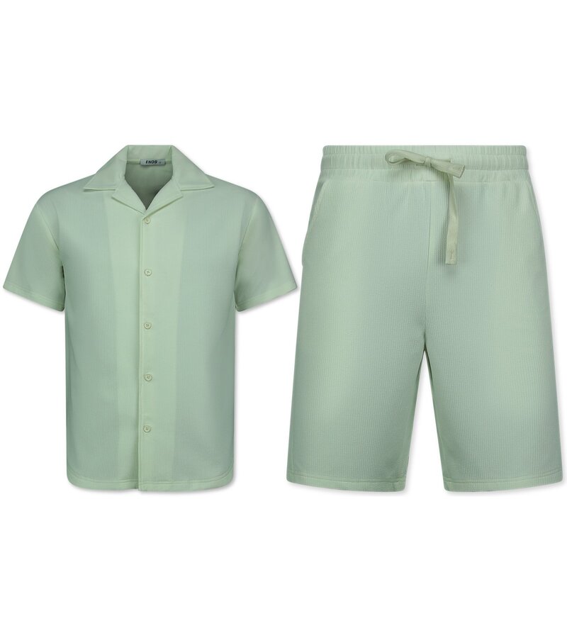 Enos Twinset - Ribbad överdimensionerad skjorta - Sommarset Herr - Tvådelat set - Set med dragkedja - F-915 - Beige