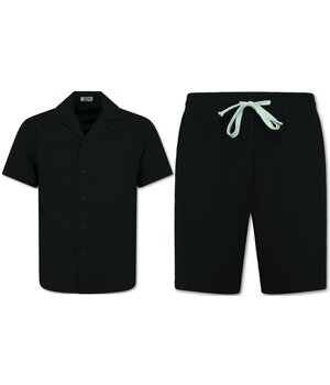 Enos Ribbad Oversized Skjorta - Sommarset Herr - Tvådelat Set - Kombinationsset - MG-009 - Svart
