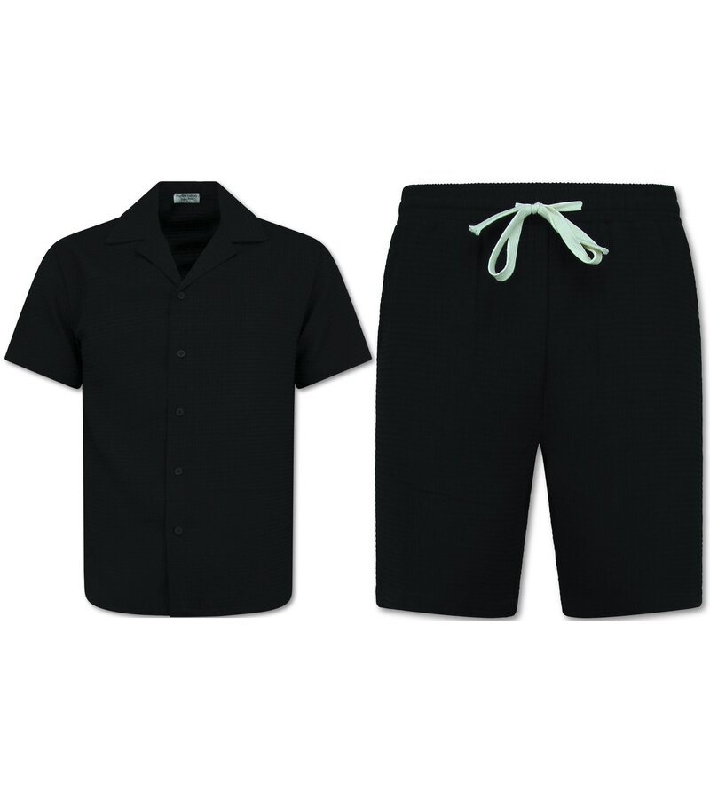 Enos  Ribbad Oversized Skjorta - Sommarset Herr - Tvådelat Set - Kombinationsset - MG-009 - Svart