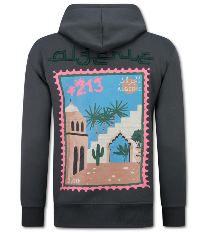 True Rise Överdimensionerad Hoodie Herr med Huva - Algeriet Mönster - Tjock Vävd - 5816- Grå