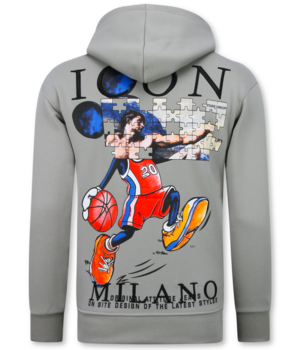 True Rise Överdimensionerad Hoodie Herr med Huva - ICON Puzzle Milano Print - Tjock Vävd - 5811 - Grå