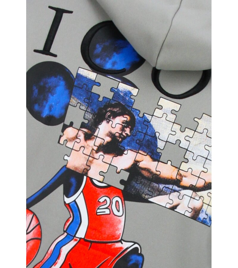 True Rise Överdimensionerad Hoodie Herr med Huva - ICON Puzzle Milano Print - Tjock Vävd - 5811 - Grå