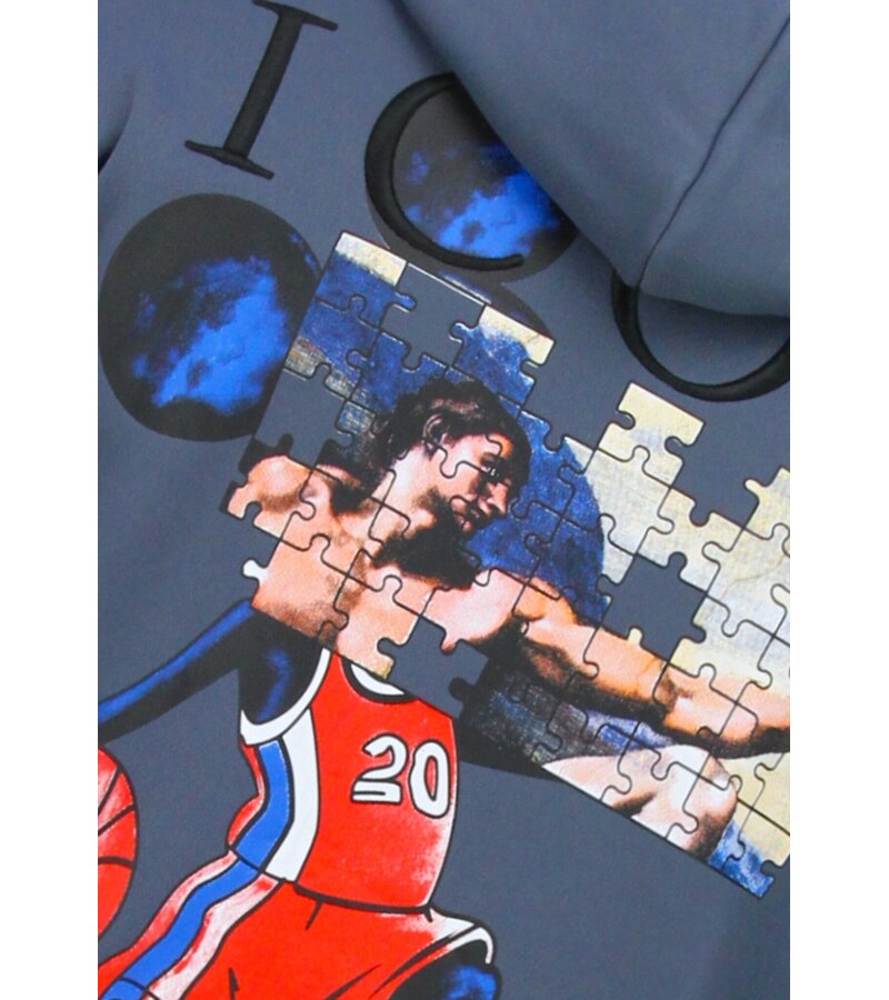 True Rise Överdimensionerad Hoodie Herr med Huva - ICON Puzzle Milano Print - Tjock Vävd - 5811 - Blå