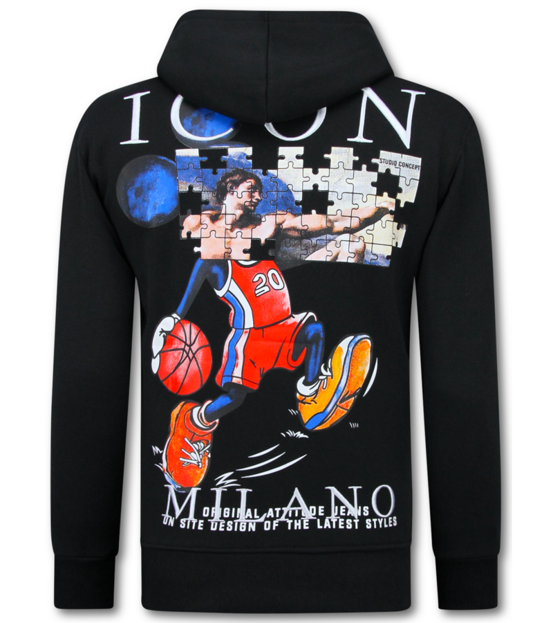True Rise Överdimensionerad Hoodie Herr med Huva - ICON Puzzle Milano Print - Tjock Vävd - 5811 - Svart