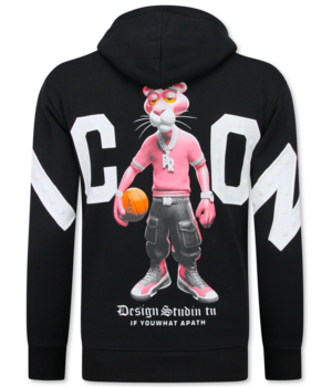 True Rise Överdimensionerad Hoodie Herr med Huva - ICON Panther Print - Tjock Vävd - 5795 - Svart