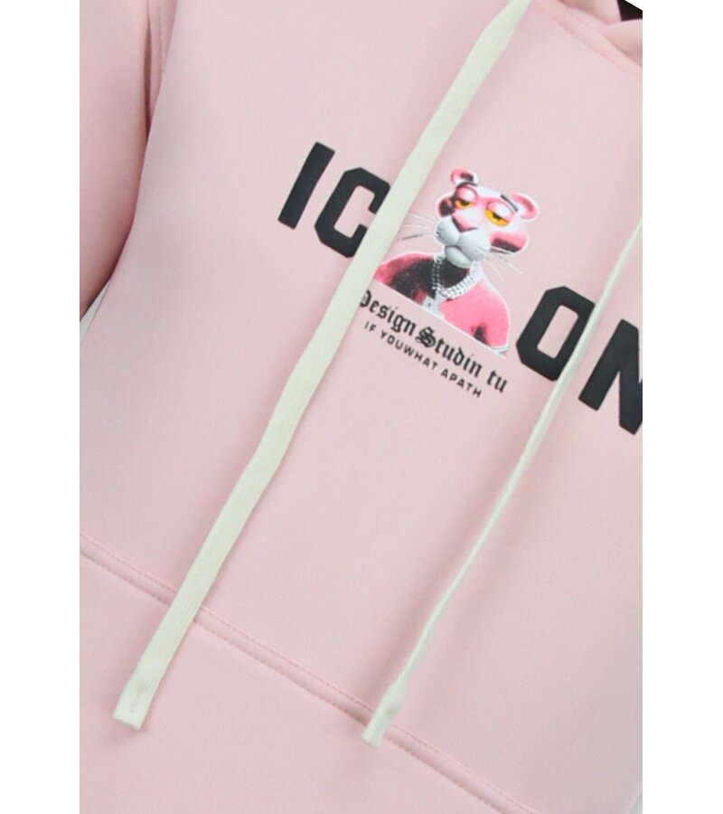 True Rise Överdimensionerad Hoodie Herr med Huva - ICON Panther Print - Tjock Vävd - 5795 - Rosa