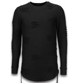 John H Destroyed Look Pullover - Side Laces Long Fit Sweatshirt - Schwarz